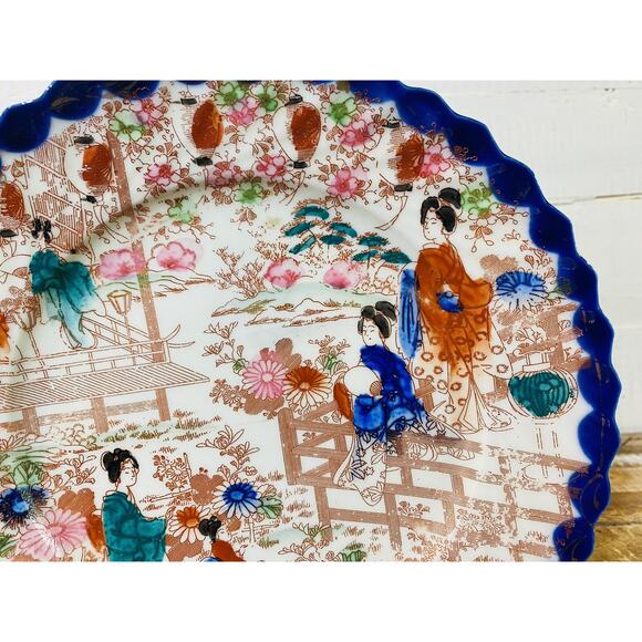 Set of 2 Vintage Antique Hand Painted Geisha Girls Scalloped Nippon Plates 8.5" - Picture 3 of 13